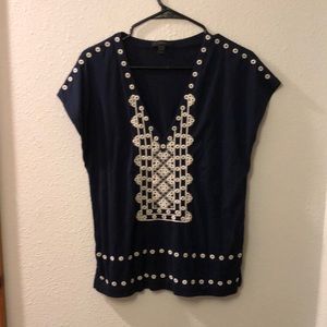 J. Crew top navy with white embroidery